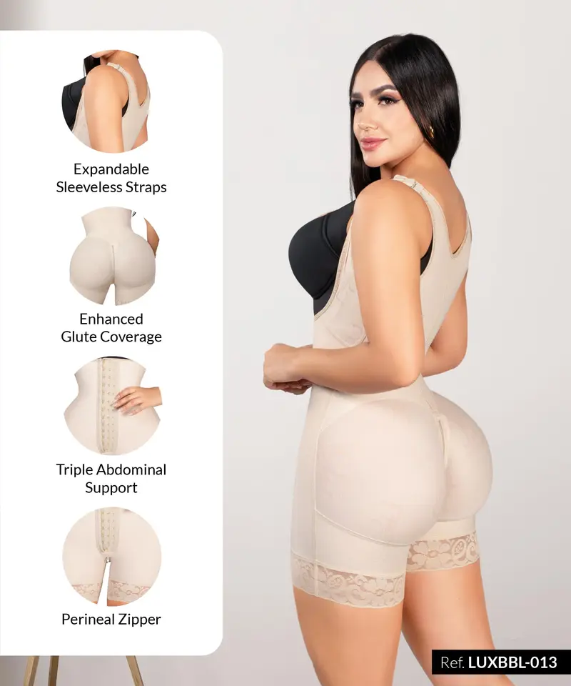 BBL Elegant Open Bust Mid Thigh Bodysuit, w/ Wide Straps, 3 Level Hook Compression, Multi Hip & Waist Size with Perineal Zipper (LUXBBL-013/LUXBBL-213)