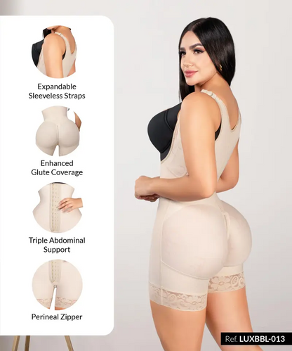 BBL Elegant Open Bust Mid Thigh Bodysuit, w/ Wide Straps, 3 Level Hook Compression, Multi Hip & Waist Size with Perineal Zipper (LUXBBL-013/LUXBBL-213)
