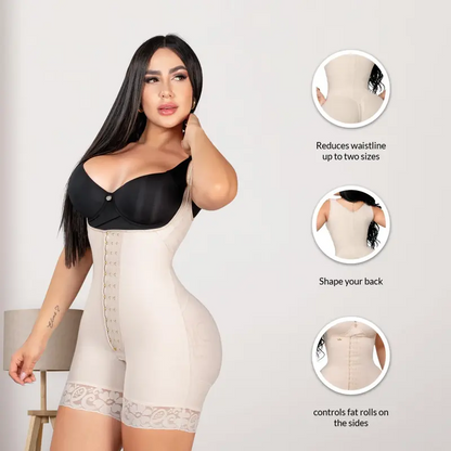 BBL Elegant Open Bust Mid Thigh Bodysuit, w/ Wide Straps, 3 Level Hook Compression, Multi Hip & Waist Size with Perineal Zipper (LUXBBL-013/LUXBBL-213)