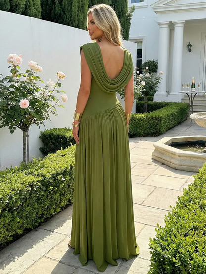 CurvySweet Athena Women's Sleeveless Convertible Cowl Neck Ruched Waist Slim Fit Maxi Dress for Wedding Guest Cocktail Party Evening summerwins,summeroutfits,vacationoutfits,beachoutfits