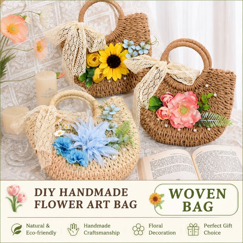 DIY Floral Woven Bag Kit – Create Your Own Handmade Straw Tote with Artificial Flowers