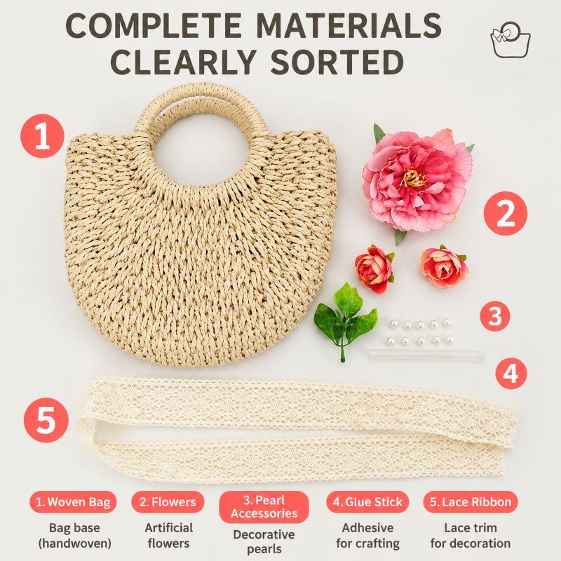 DIY Floral Woven Bag Kit – Create Your Own Handmade Straw Tote with Artificial Flowers