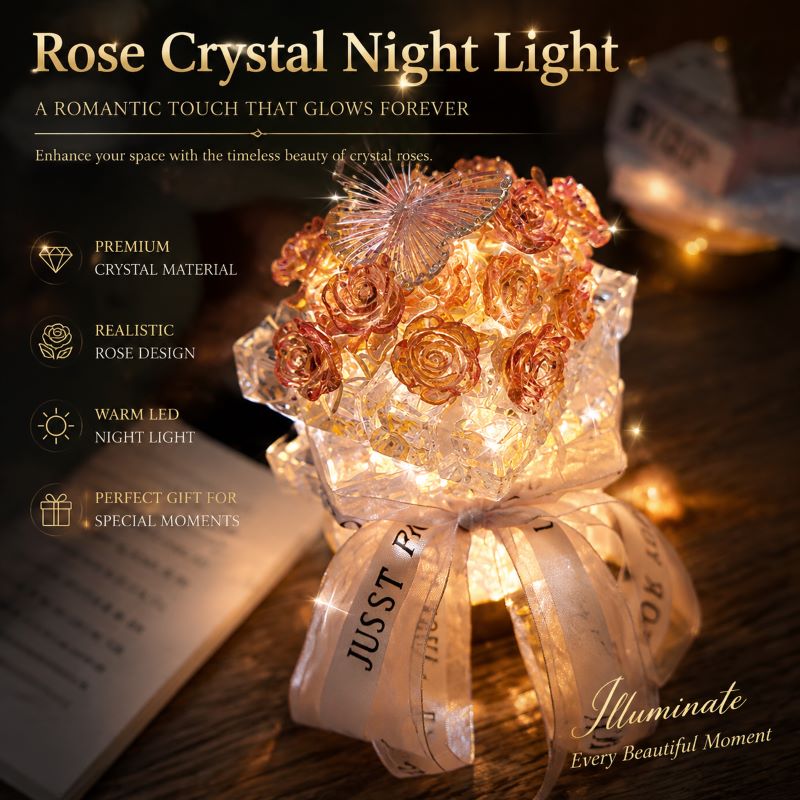 Preserved Rose Crystal Night Light – Handmade Romantic Floral Lamp Gift, Includes Exquisite Gift Bag